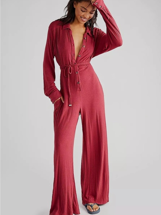 Free People Pants - Free People Elai Open Back Ribbed Knit Long Sleeve Wide Leg Jumpsuit - Size M